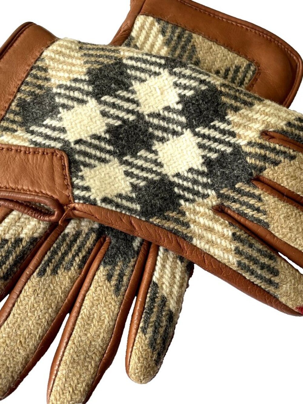 BURBERRY ICONIC PLAID Pattern 100% WOOL, LEATHER, CASHMERE Womens Gloves -Lined - Picture 16 of 16